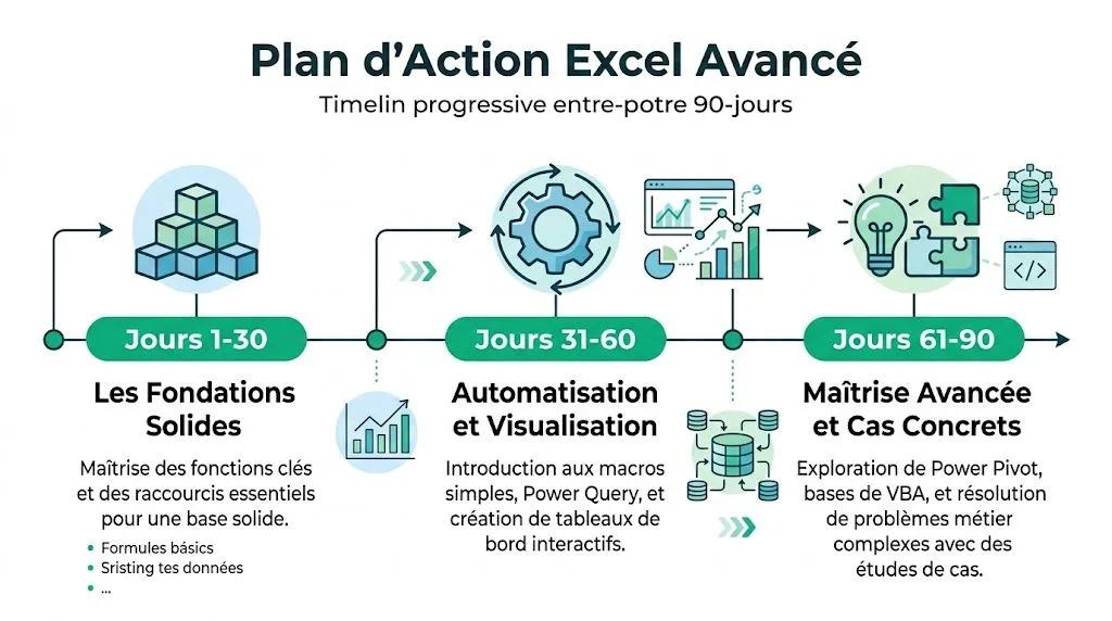Plan d'action en trois étapes pour maîtriser Excel avancé sur une période de 90 jours.