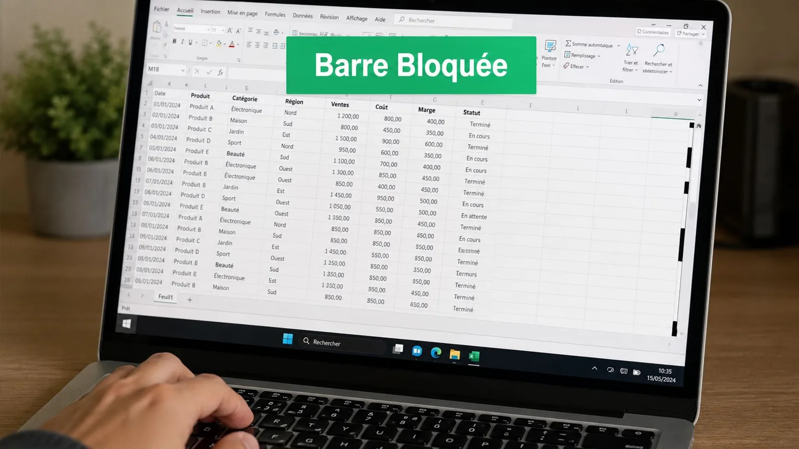 Un ordinateur portable affichant une feuille de calcul Excel avec le texte Barre Bloquée en surimpression.