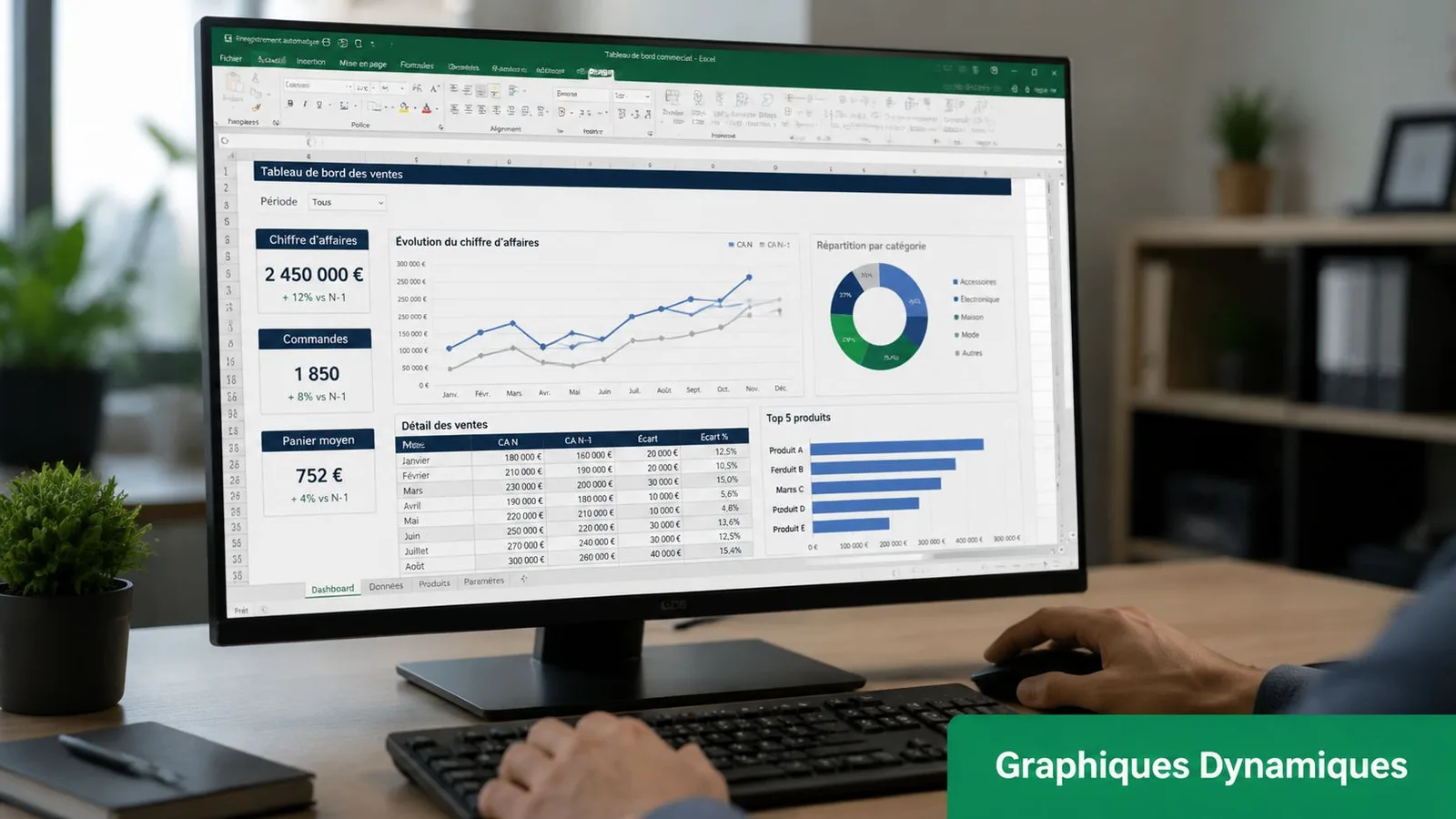 Vue rapprochée d'un écran d'ordinateur affichant un tableau de bord de ventes interactif sur Excel.
