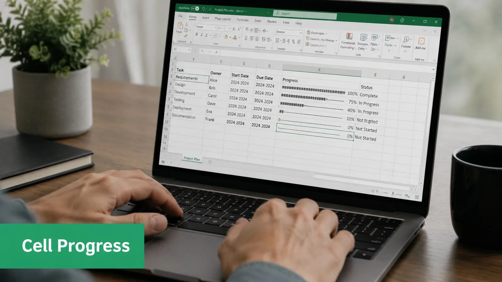 Une personne travaille sur un ordinateur portable affichant une feuille de calcul Excel avec des barres de progression.