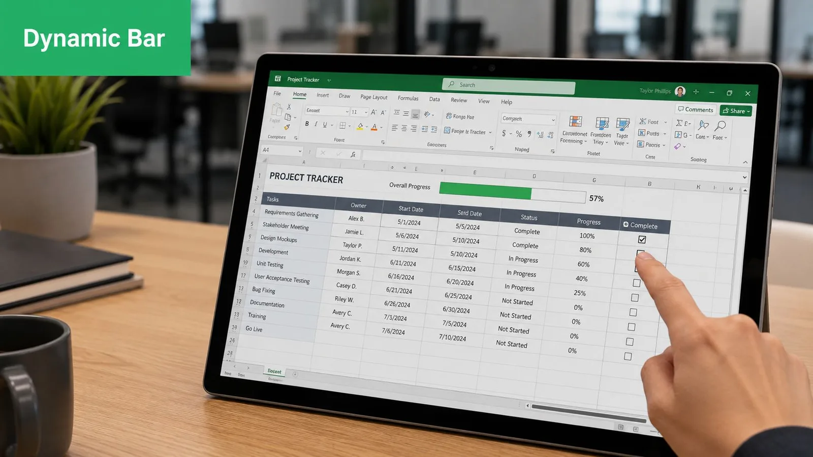 Une personne utilisant un écran tactile pour mettre à jour une barre de progression dans un fichier Excel.