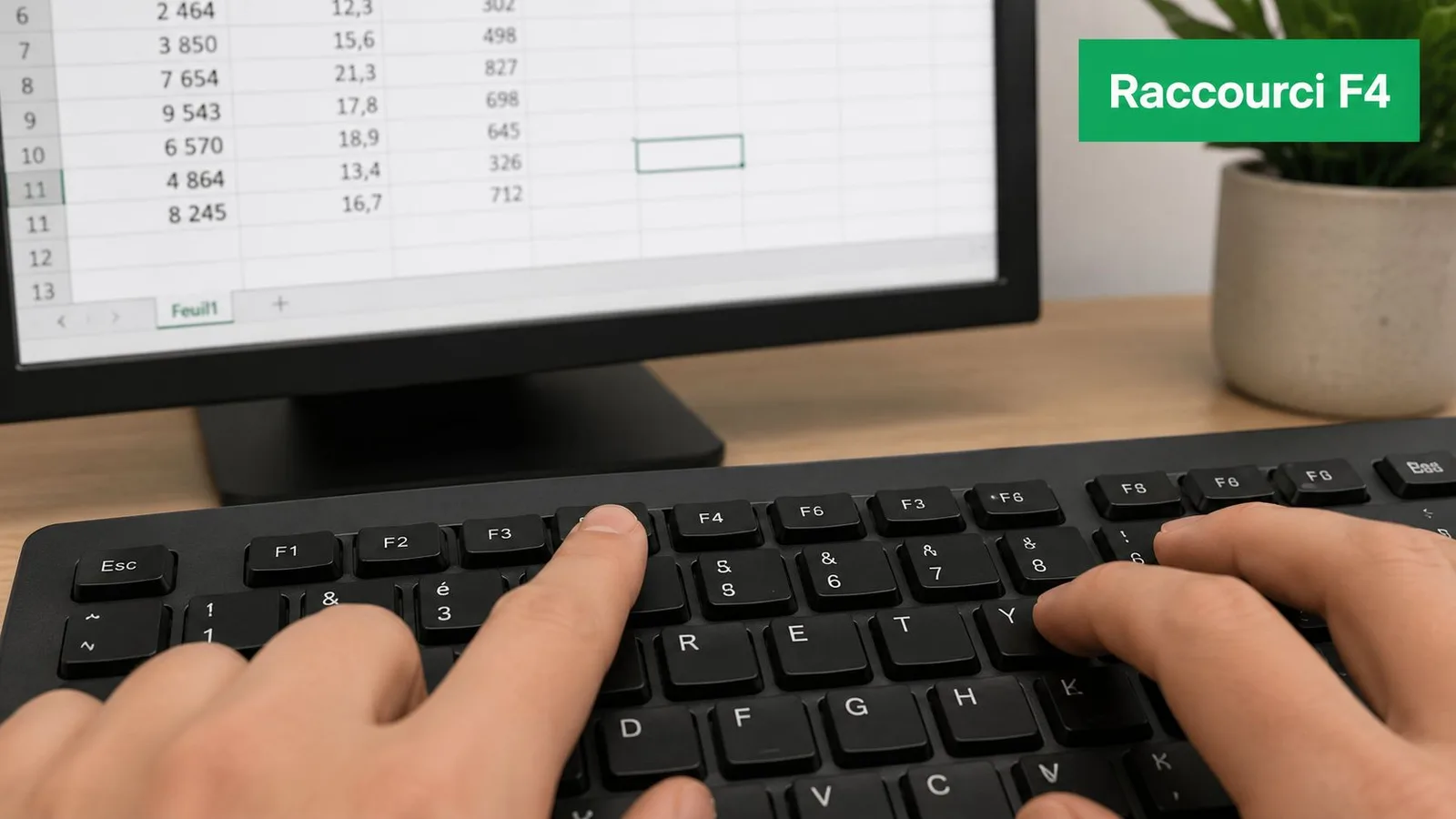 Une personne utilise le raccourci F4 sur un clavier d'ordinateur pour figer une cellule dans Excel.