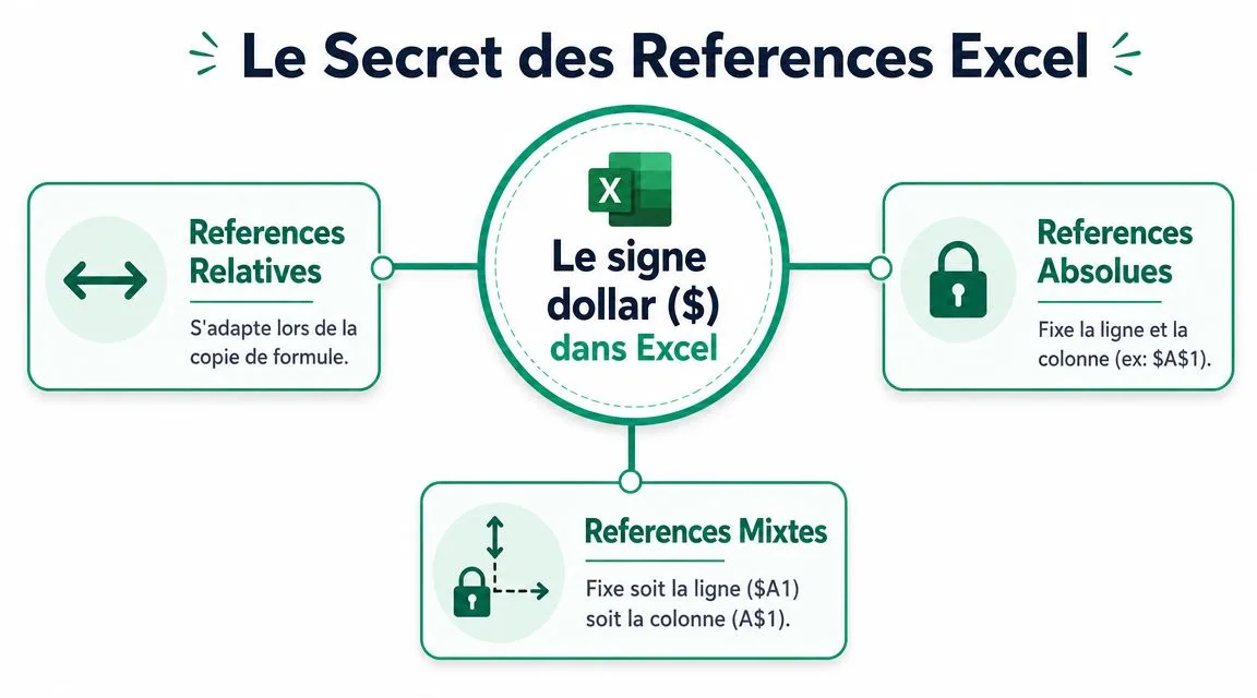 Infographie illustrant les trois types de références Excel : relatives, absolues et mixtes avec le signe dollar.