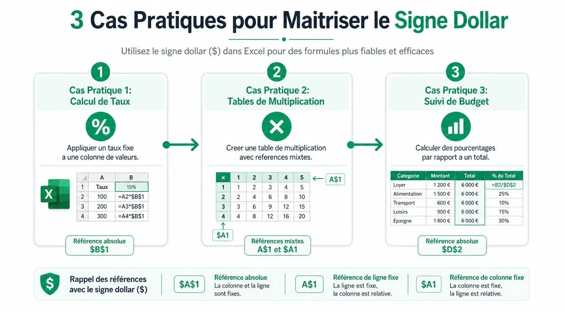 Infographie pédagogique illustrant l'utilisation du signe dollar pour bloquer des cellules dans des formules Excel.