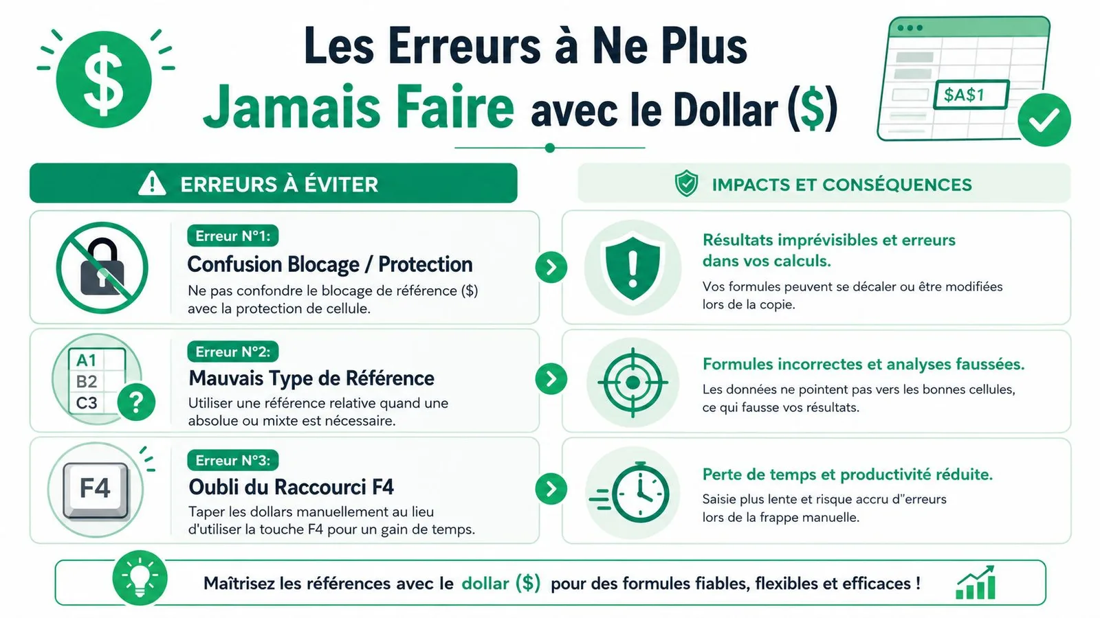 Infographie illustrant trois erreurs courantes lors de l'utilisation du symbole dollar dans les formules Excel.
