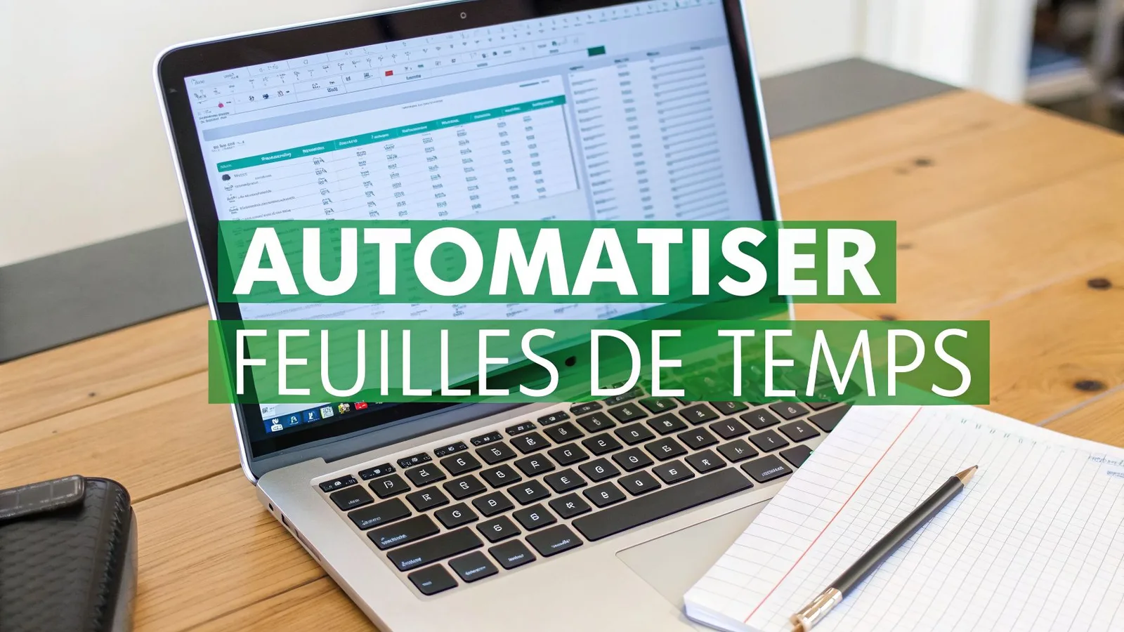 Ordinateur portable affichant un tableur Excel pour automatiser les feuilles de temps, avec un cahier et un stylo.