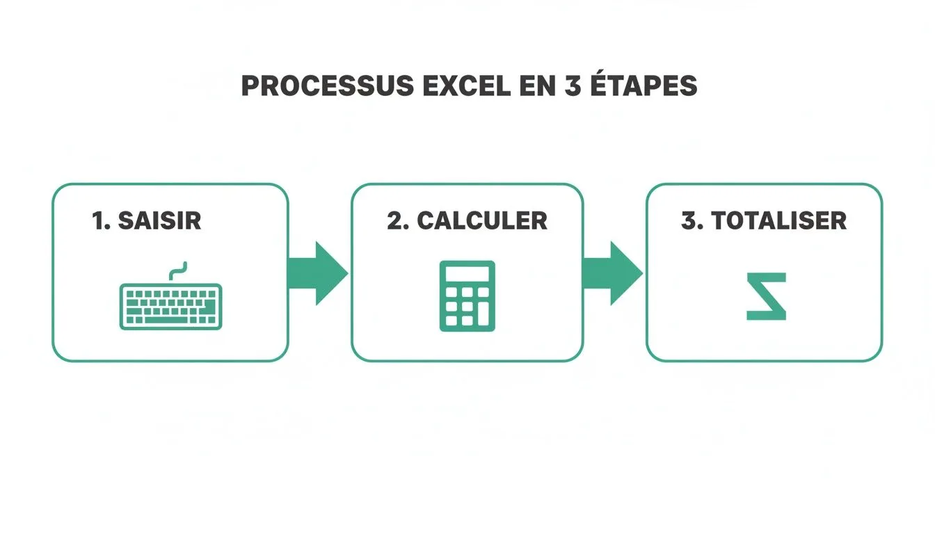 Infographie illustrant le processus Excel en trois étapes : saisir les données (clavier), calculer (calculatrice) et totaliser (symbole sigma).