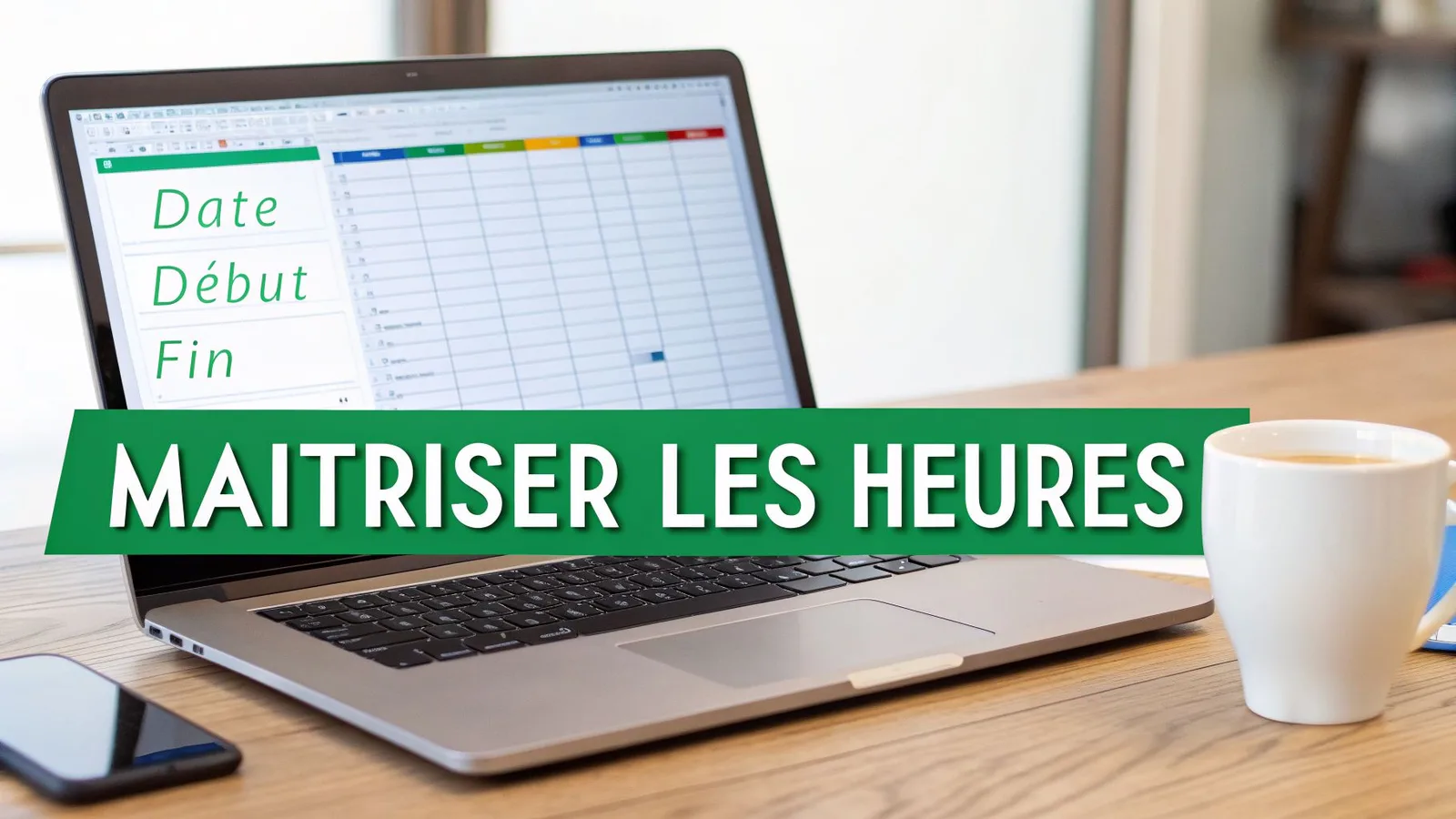 Un ordinateur portable avec une feuille de calcul affichant les colonnes 'Date, Début, Fin' et une bannière 'MAITRISER LES HEURES'.