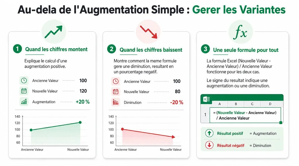 Illustration expliquant comment calculer des pourcentages d'augmentation et de diminution avec une formule Excel simple.