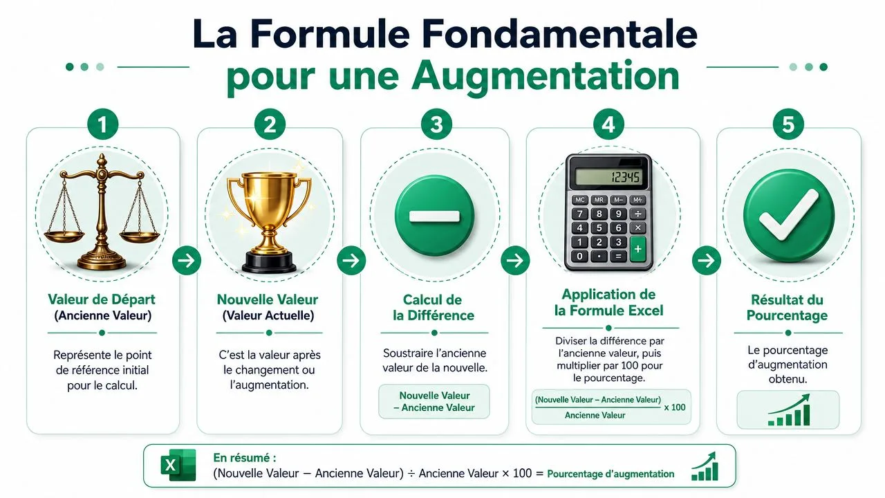 Une infographie montrant les cinq étapes pour calculer le pourcentage d'augmentation avec une formule Excel.