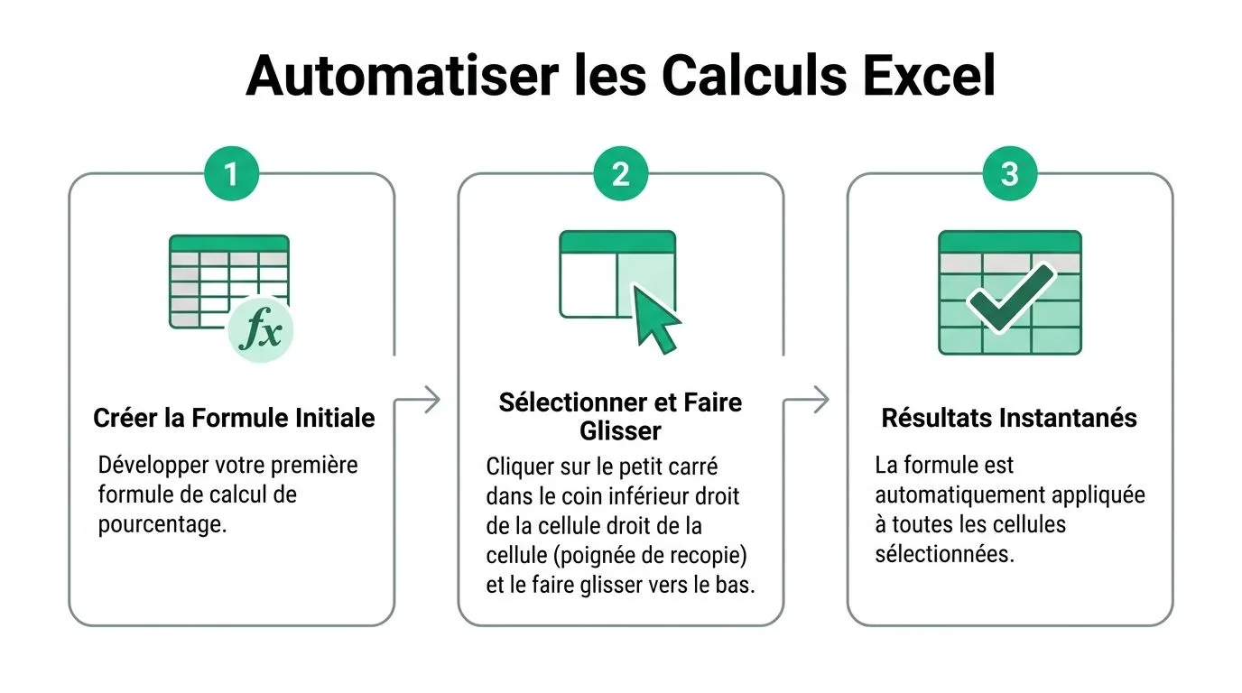 Une infographie en trois étapes illustrant comment automatiser rapidement des calculs de pourcentage dans un tableau Excel.