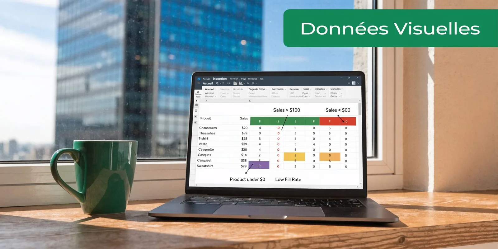 Un ordinateur portable affichant un tableau Excel avec des données de ventes et des indicateurs colorés.