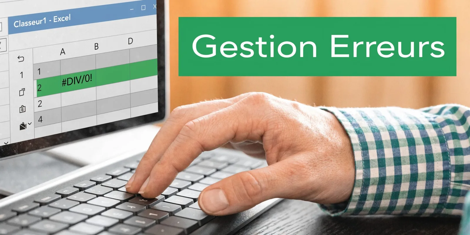 Une main sur un clavier devant un écran affichant une erreur de division par zéro dans Excel.
