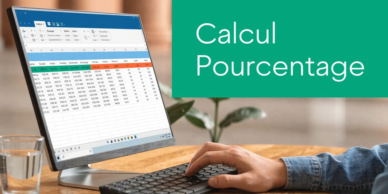 Une personne travaillant sur un ordinateur affichant un tableau de calcul de pourcentage dans un logiciel tableur.