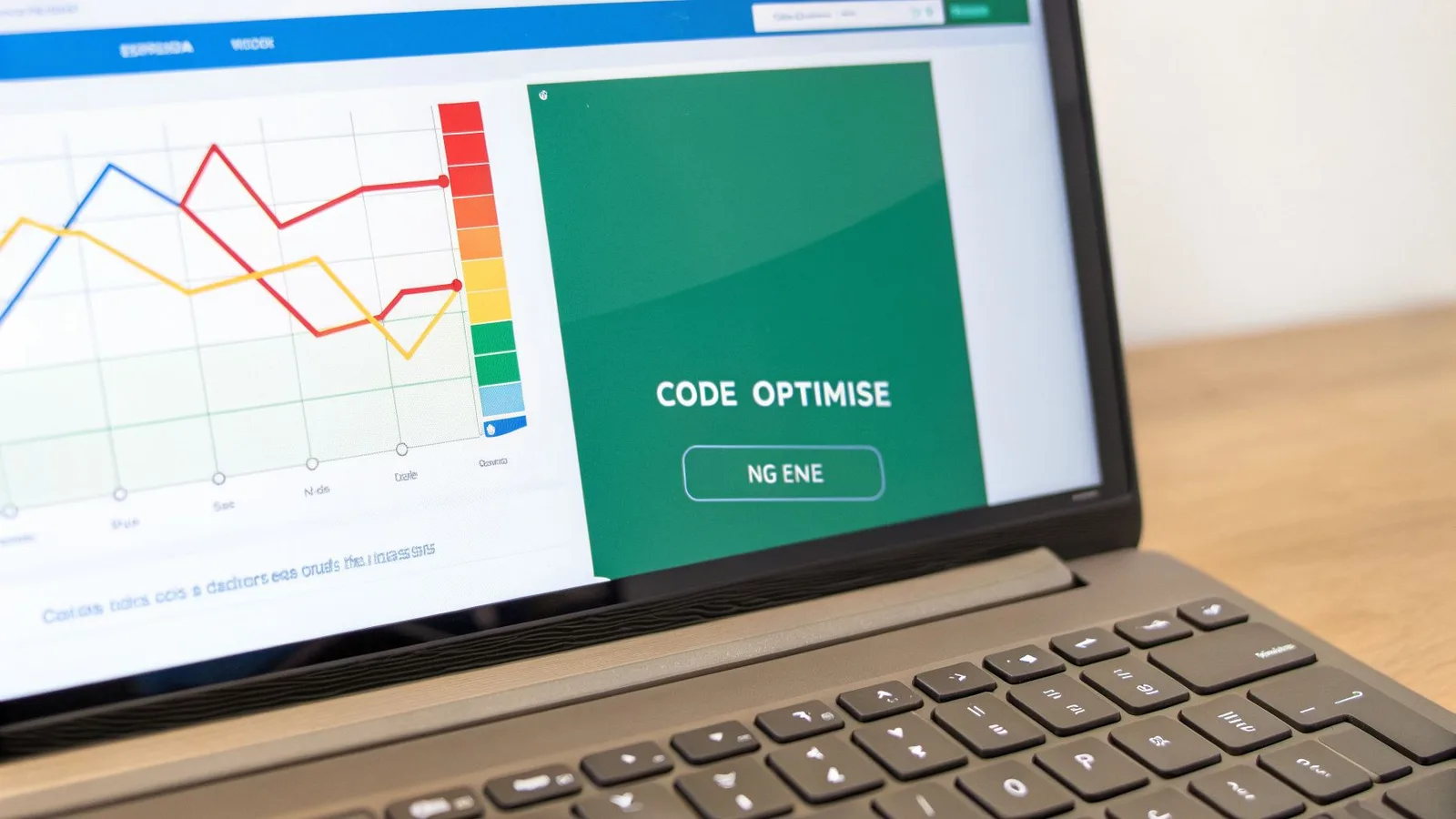 Écran d'ordinateur portable affichant un graphique de données multicolore et un message « CODE OPTIMISE ».