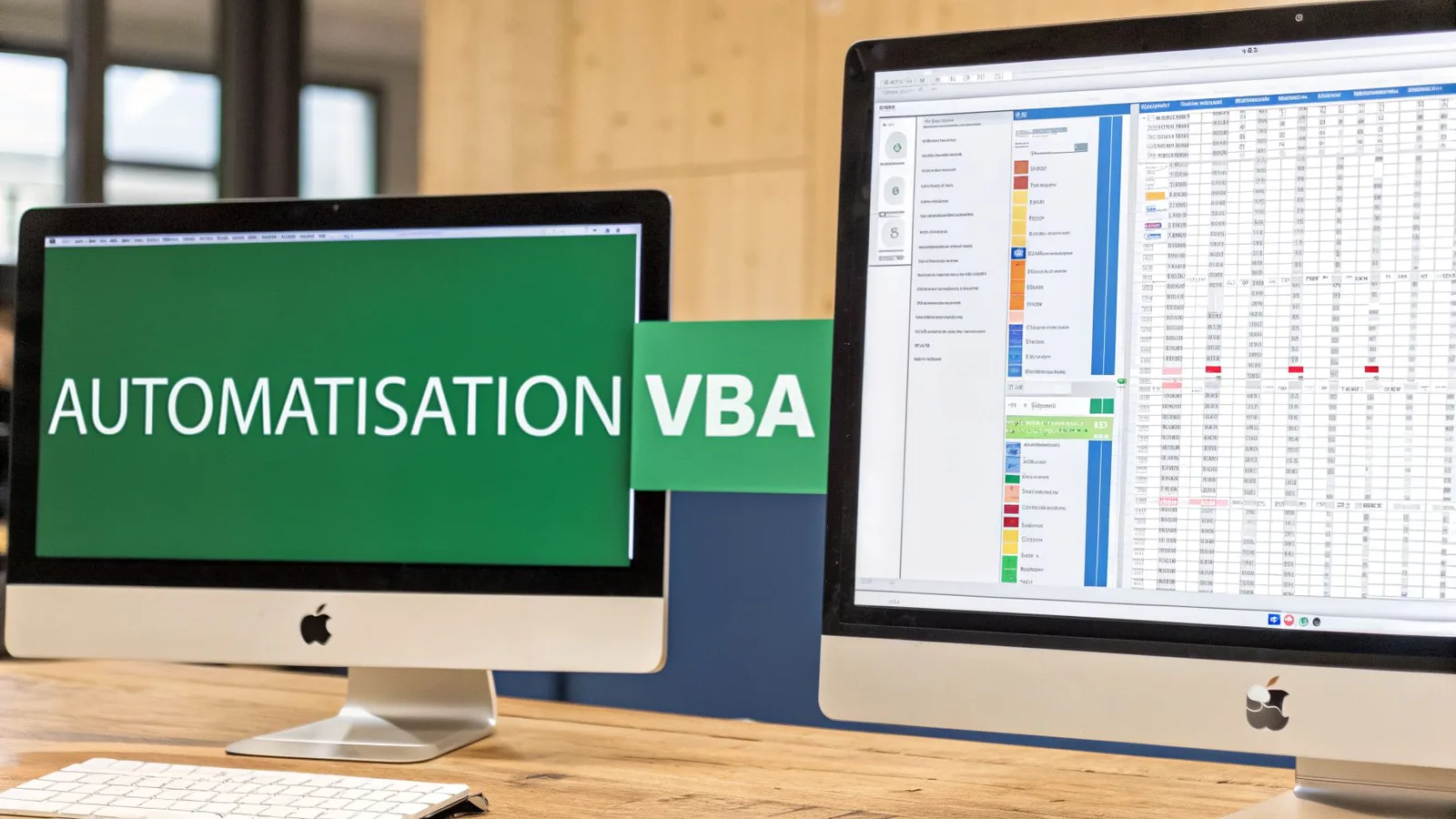 Deux ordinateurs iMac sur un bureau en bois affichant l'automatisation VBA et des feuilles de calcul Excel.