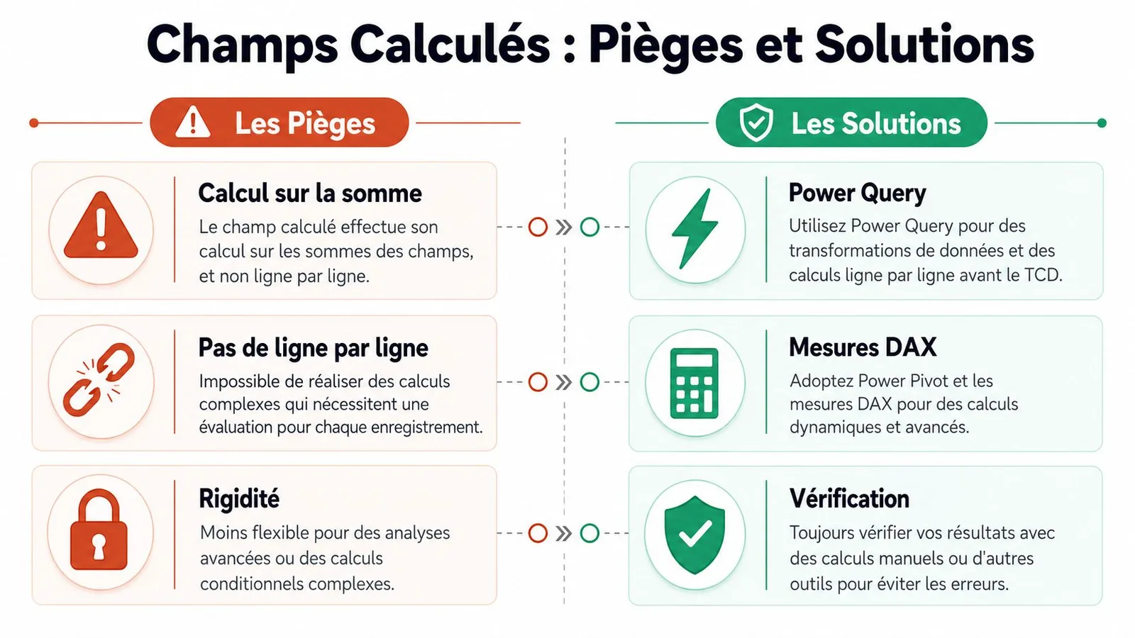 Infographie présentant les pièges courants des champs calculés dans Excel et leurs solutions recommandées.