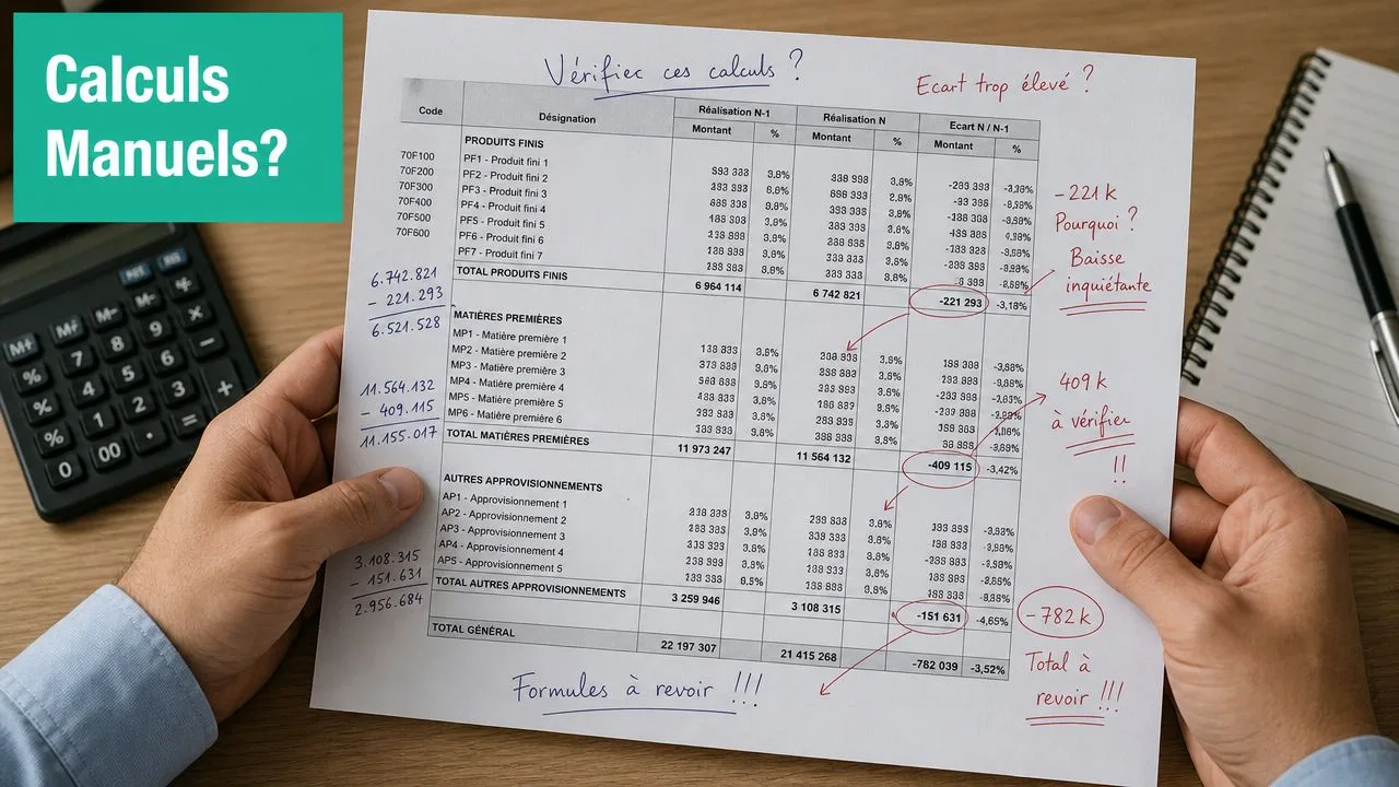 Une personne vérifie des calculs comptables sur un tableau financier avec des annotations manuscrites et une calculatrice.