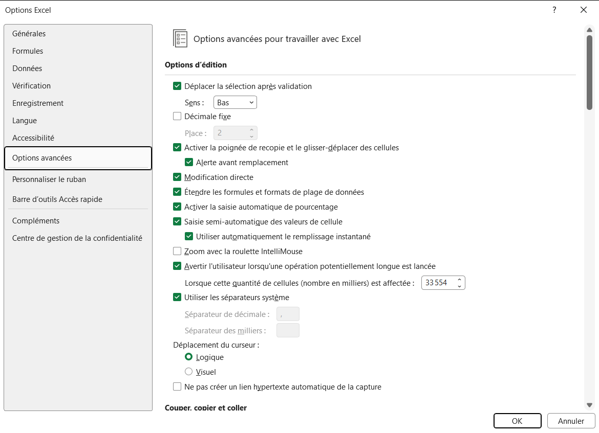 La page Options avancées d’Excel, avec la case Utiliser les séparateurs système cochée et les champs de séparateur grisés