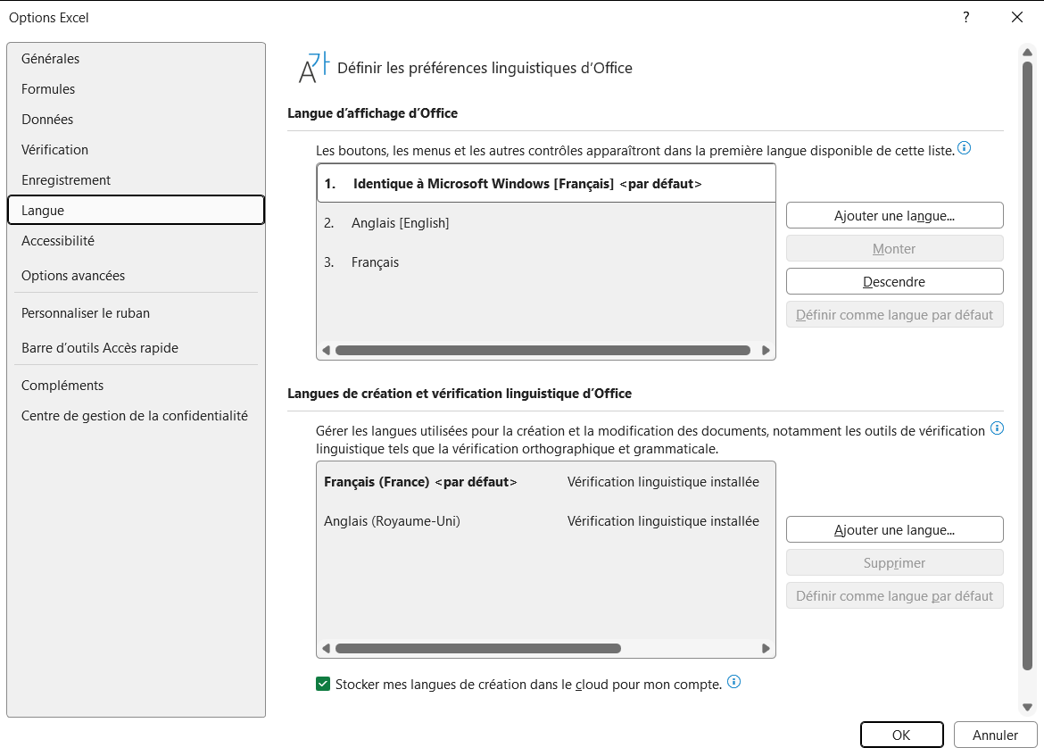 La page Langue de la boîte Options Excel, avec la liste des langues d’affichage et le bouton Définir comme langue par défaut