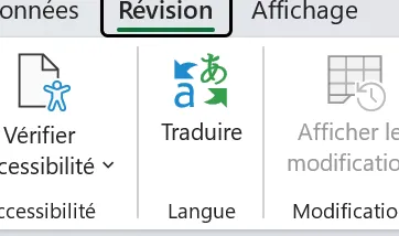 Le bouton Traduire dans le groupe Langue de l’onglet Révision du ruban Excel