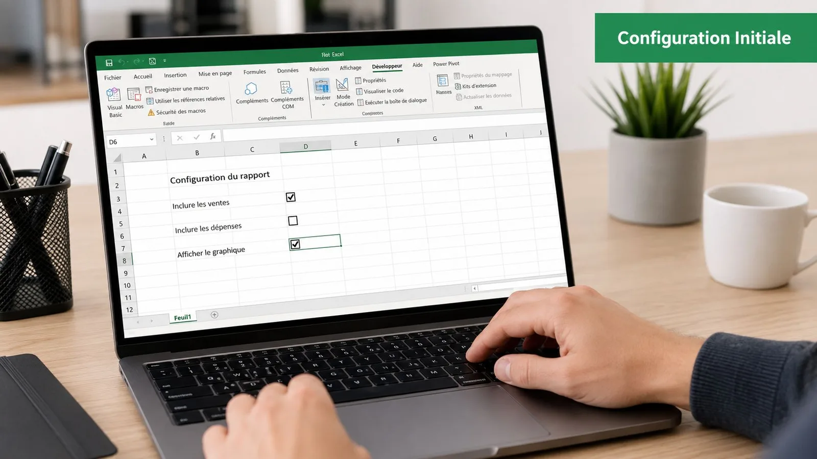 Une personne travaille sur un ordinateur portable affichant une liste de configuration Excel avec des cases à cocher.
