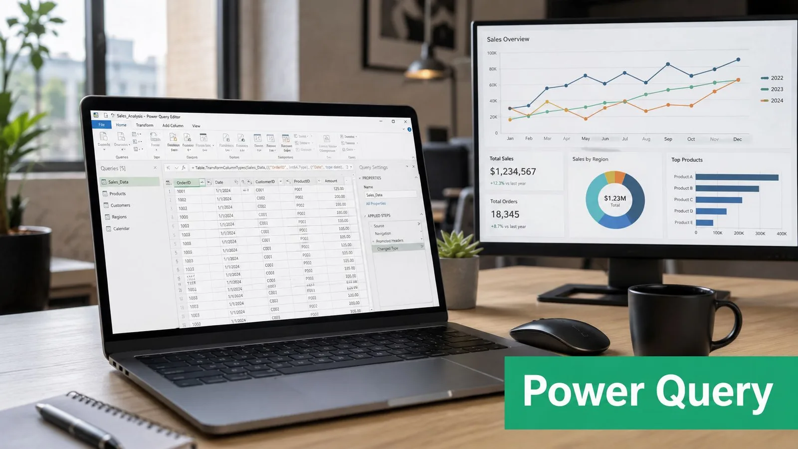 Un ordinateur portable affichant Power Query avec un écran externe montrant un tableau de bord analytique.