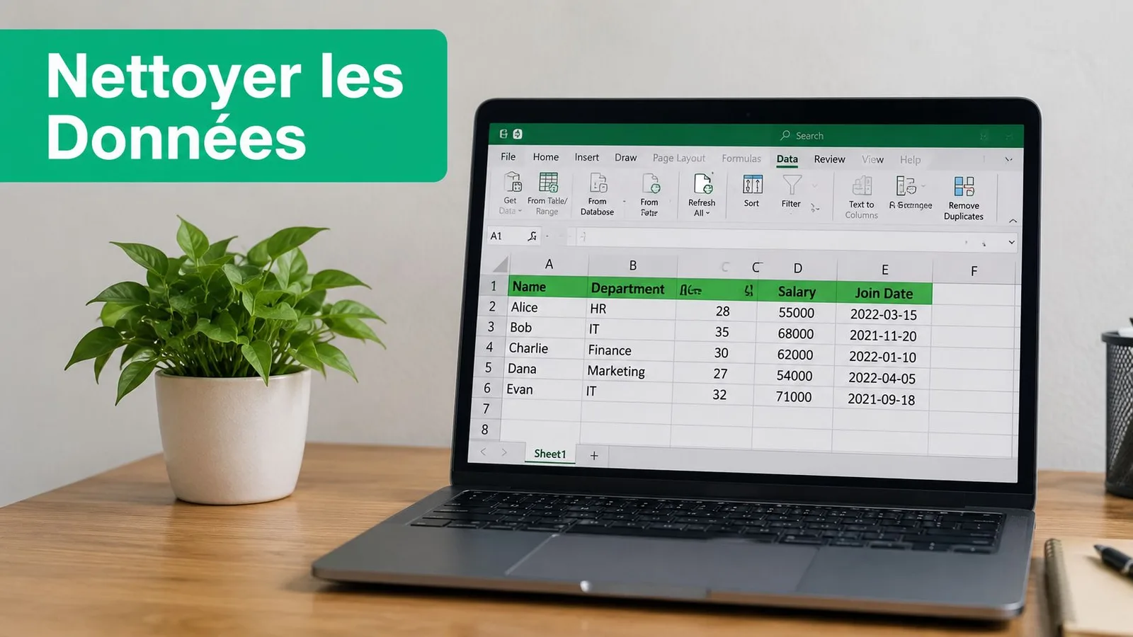Un ordinateur portable affichant une feuille de calcul Excel montrant des données d'employés sur un bureau en bois.