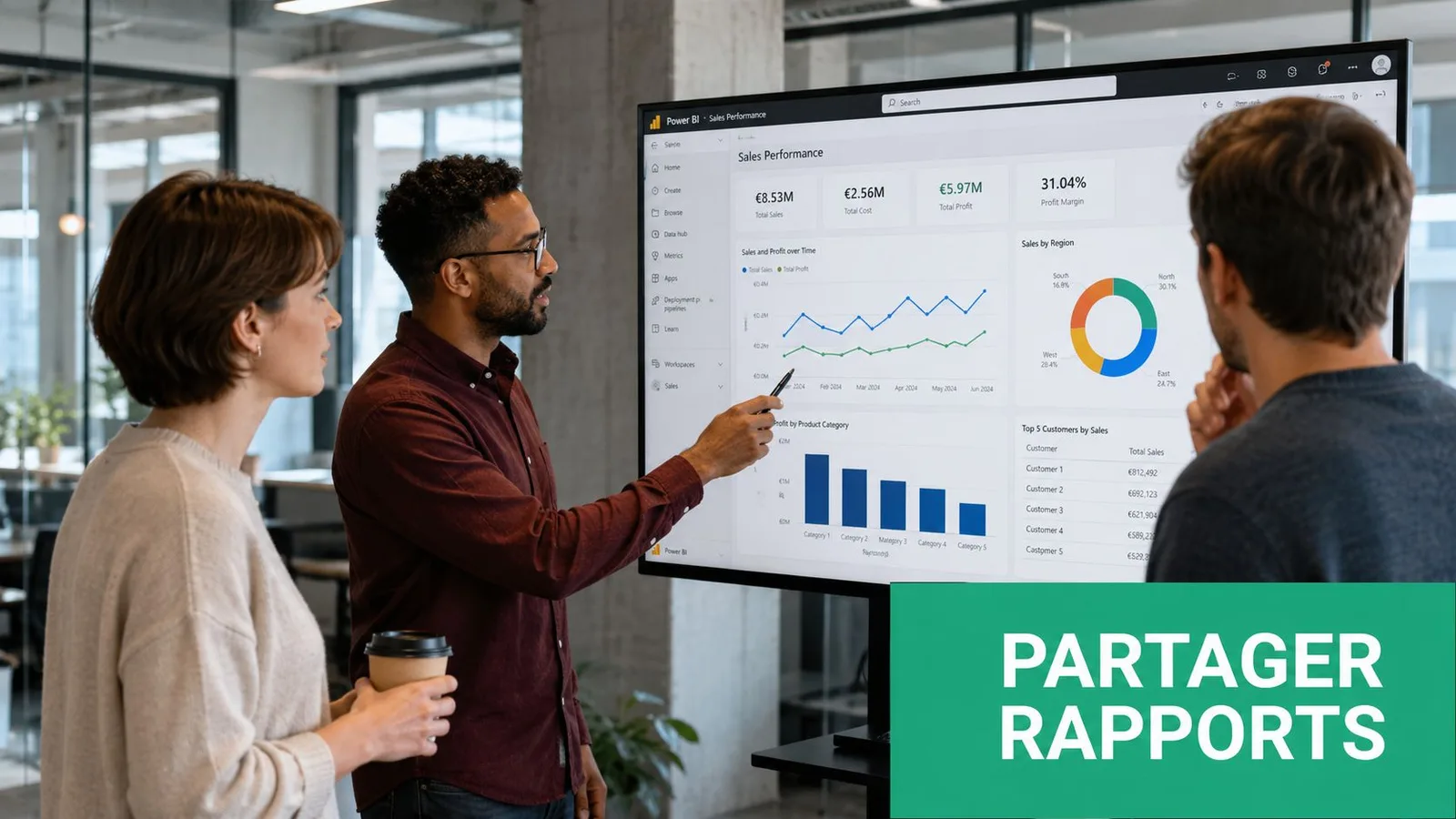 Trois professionnels discutent devant un grand écran affichant un tableau de bord de données Power BI.