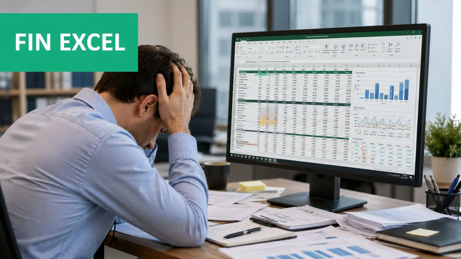 Un employé stressé travaillant sur des feuilles de calcul financières complexes devant son écran d'ordinateur au bureau.