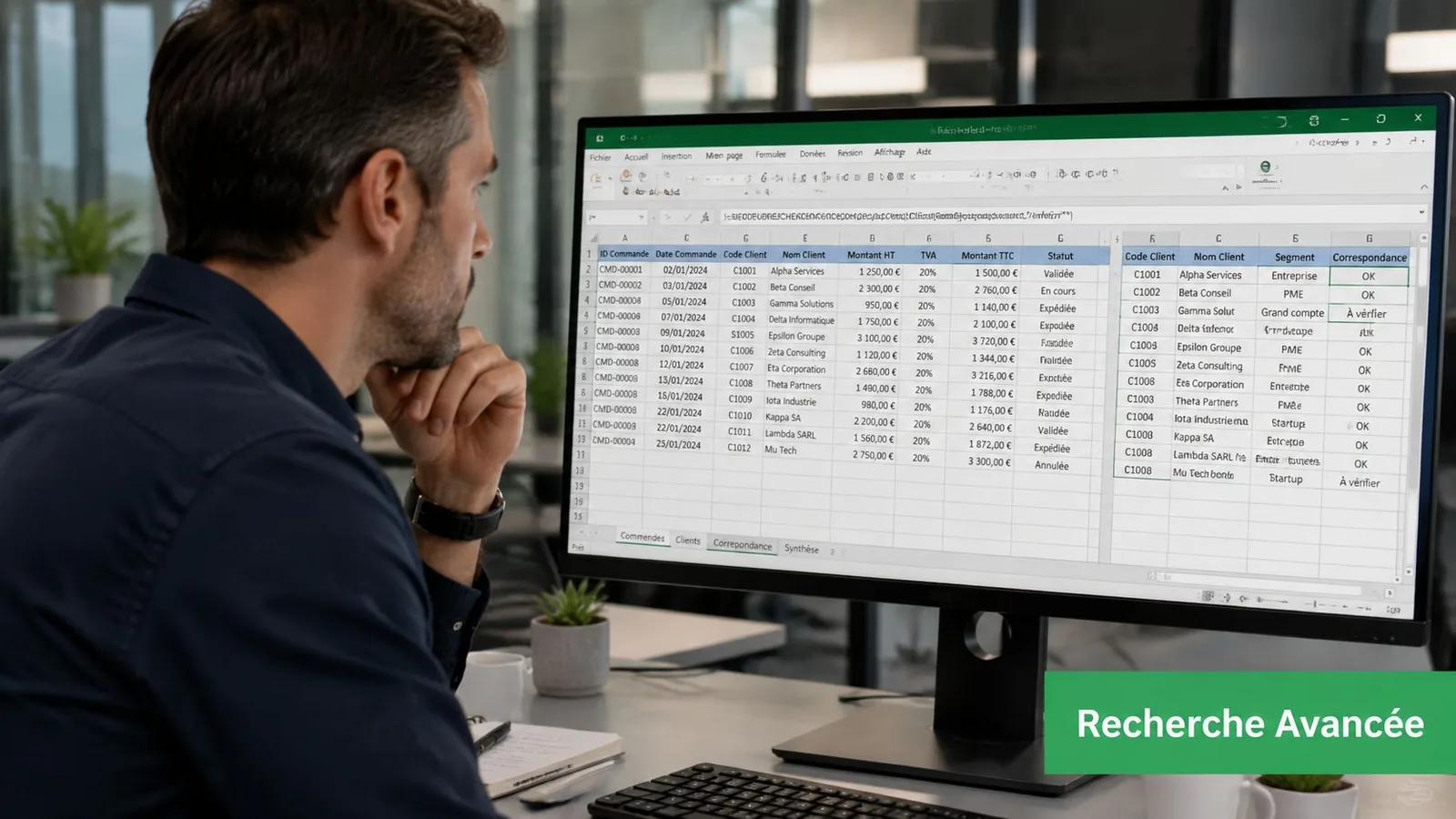 Un professionnel examinant un tableau Excel affichant des données commerciales sur un grand écran d'ordinateur au bureau.