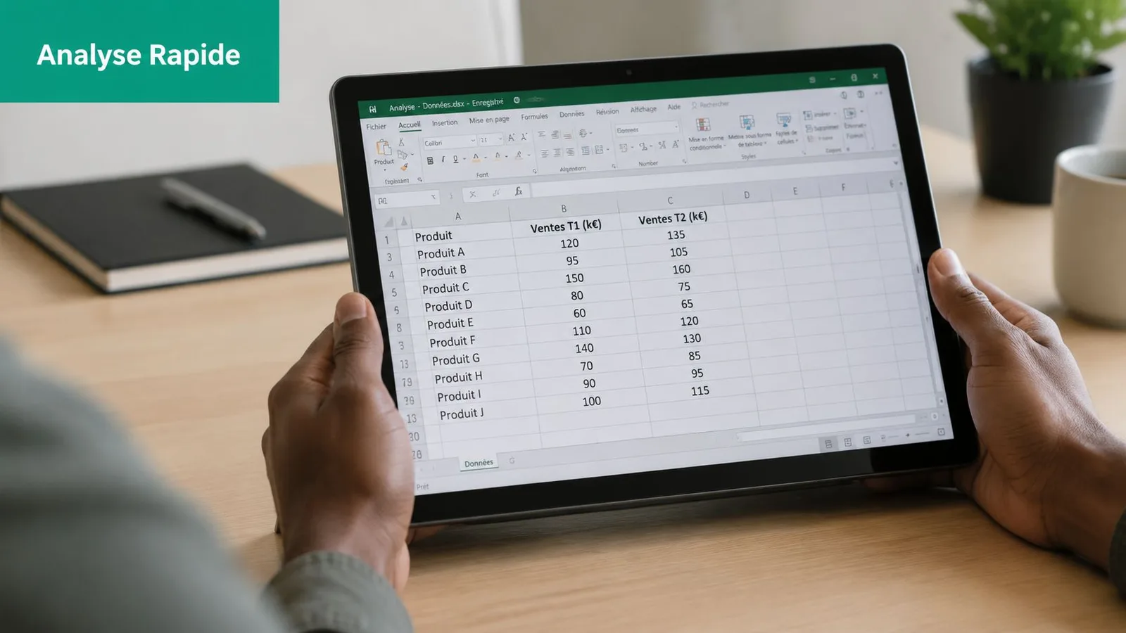 Une personne tenant une tablette affichant un tableau Excel pour comparer les ventes de deux périodes.