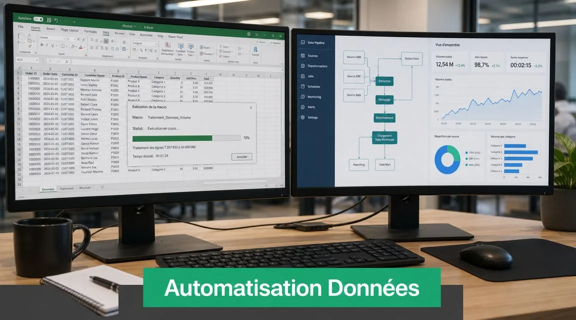 Deux écrans d'ordinateur affichant des analyses de données automatisées avec Excel et un tableau de bord