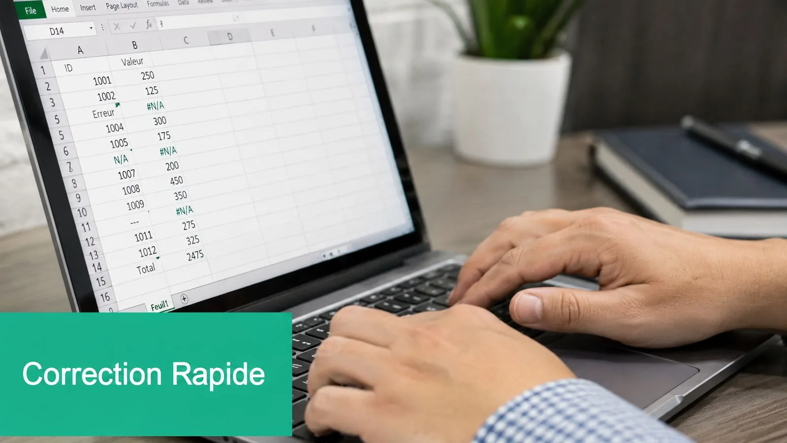 Personne travaillant sur un ordinateur portable affichant une feuille de calcul Excel avec des données et erreurs.