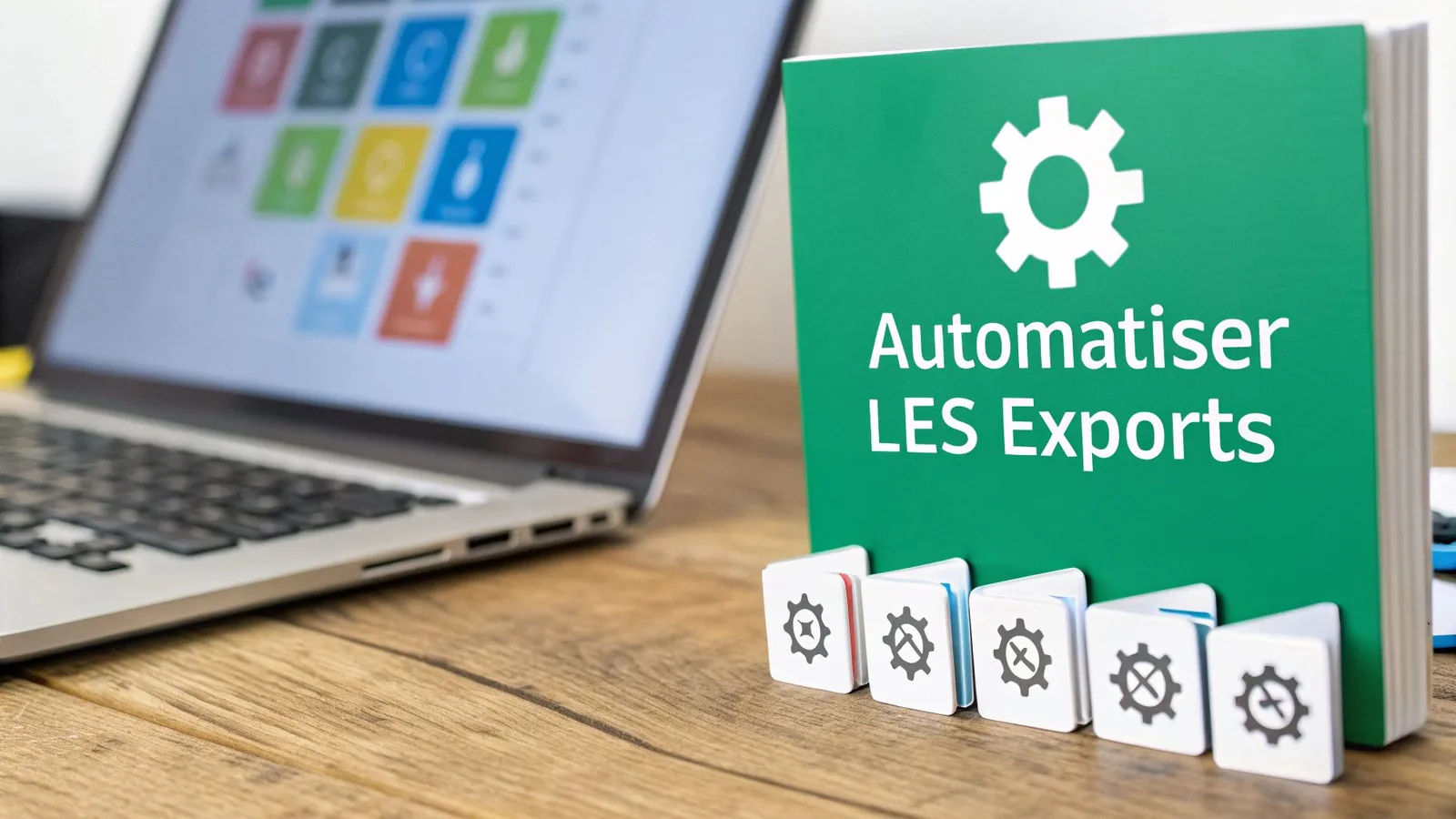 Un ordinateur portable et un dossier vert "Automatiser LES Exports" avec des icônes d'engrenage symbolisant l'automatisation.