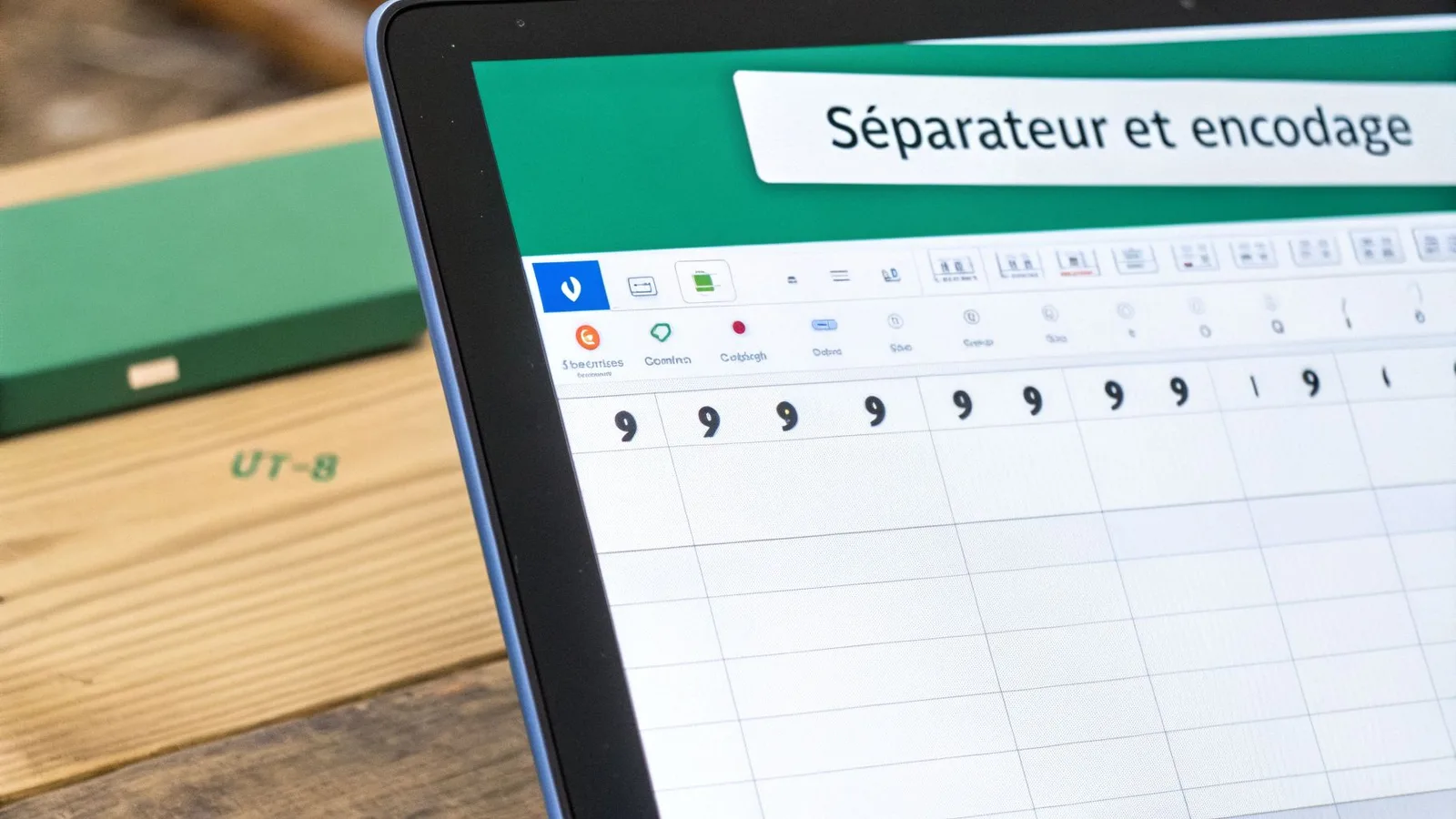 Écran d'ordinateur portable affichant un tableur avec le titre « Séparateur et encodage » et des chiffres. Le marquage « UT-8 » est visible sur le bois.