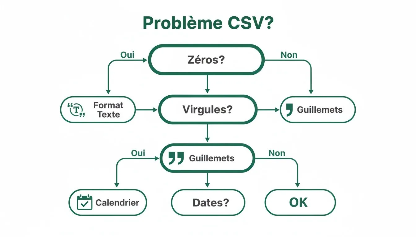 Diagramme de flux pour résoudre les problèmes courants de fichiers CSV, y compris les zéros, virgules, guillemets et dates.