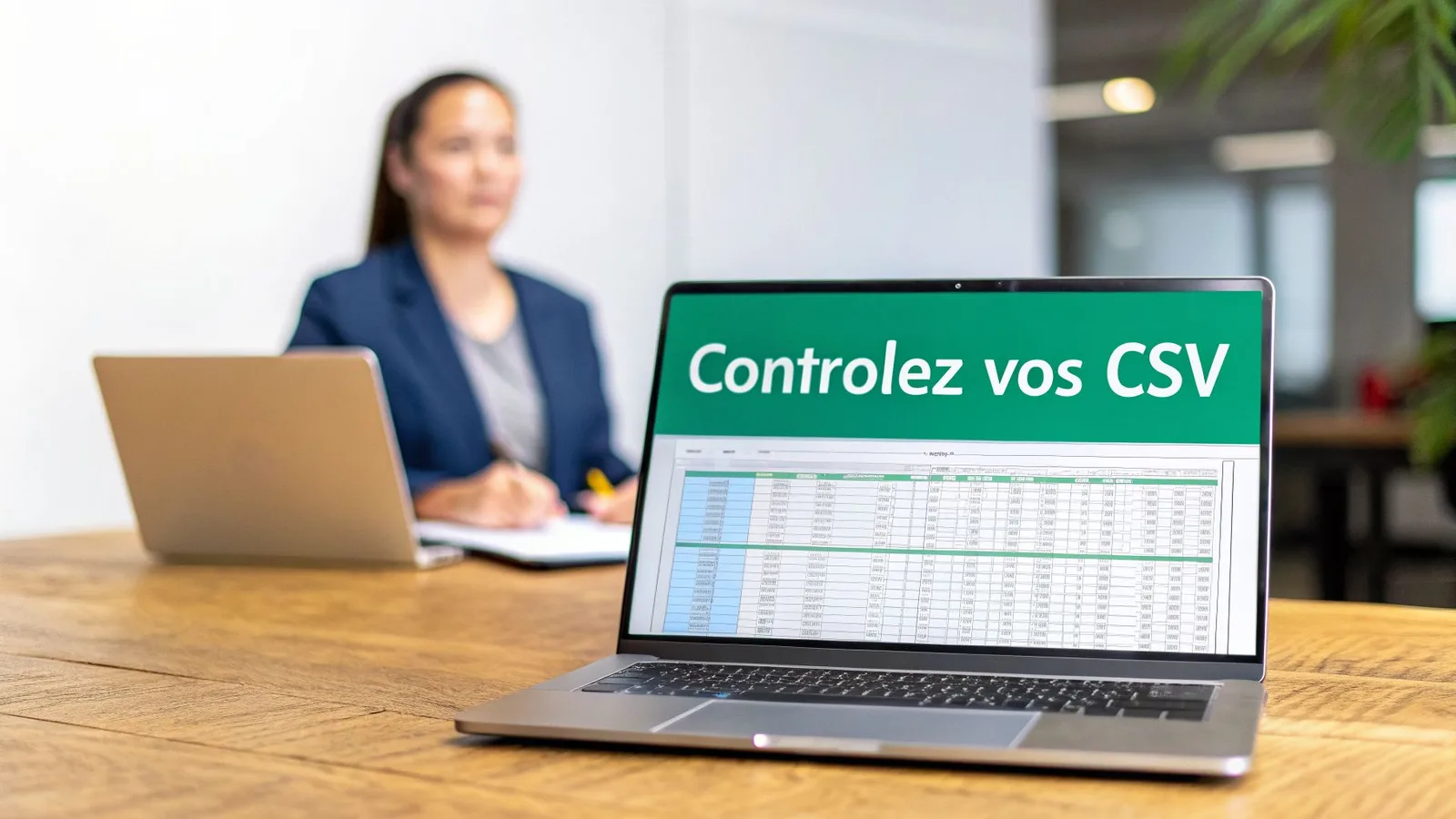 Un ordinateur portable sur une table en bois affiche "Controlez vos CSV" et une feuille de calcul. Une femme travaille en arrière-plan.