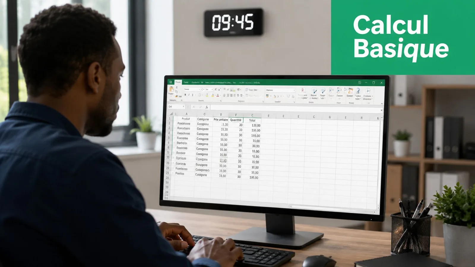 Un homme travaillant sur un ordinateur affichant un tableau Excel pour effectuer des calculs de base.
