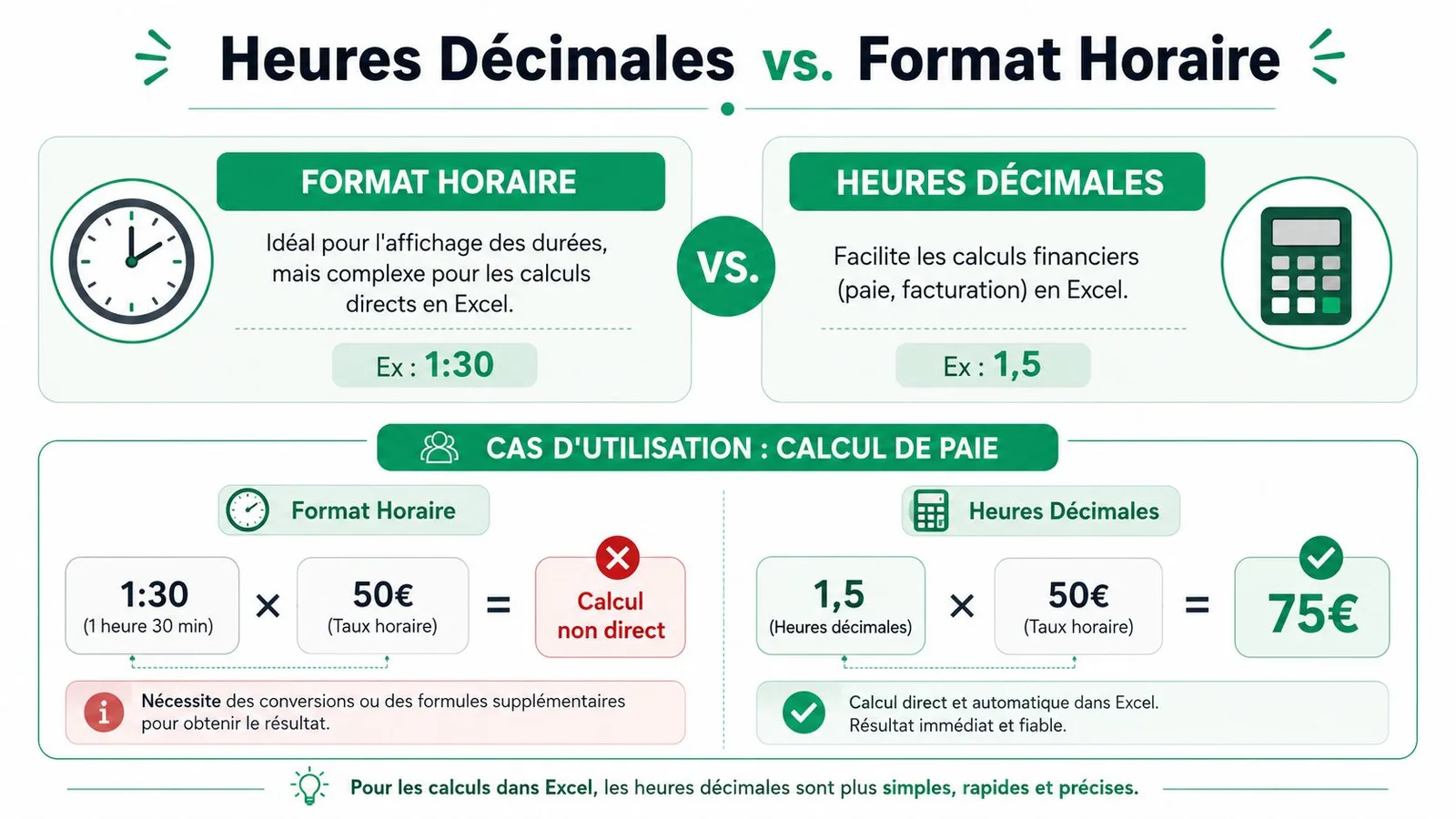 Comparaison entre le format horaire et les heures décimales pour simplifier les calculs de paie sur Excel.