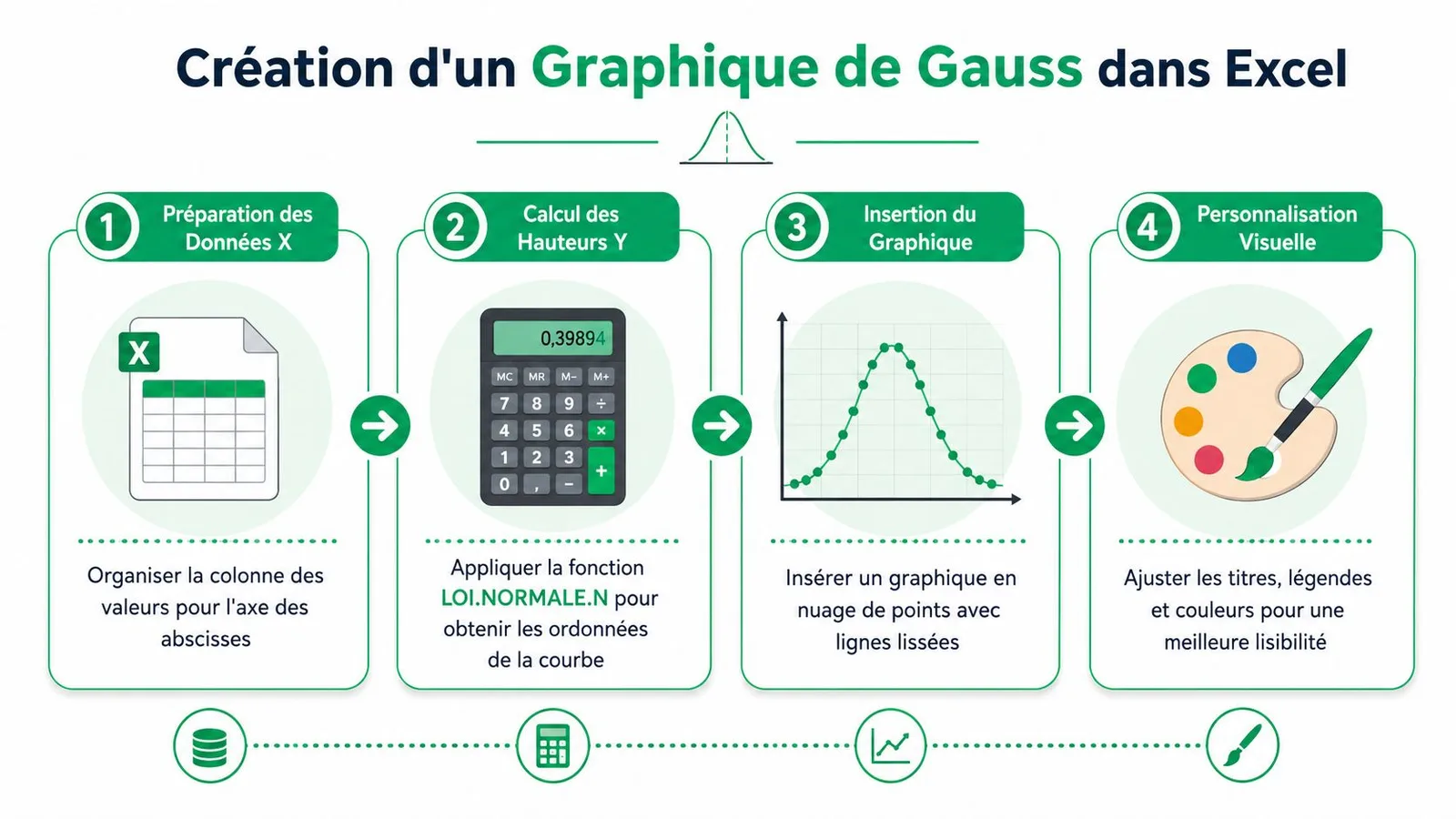 Infographie étape par étape expliquant comment créer une courbe de Gauss dans le logiciel Excel.