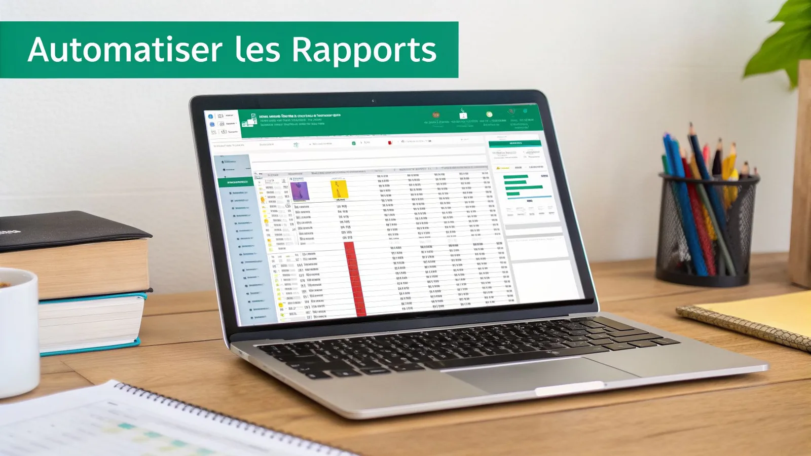 Ordinateur portable affichant un logiciel de gestion de données avec le titre "Automatiser les Rapports" sur un bureau en bois.