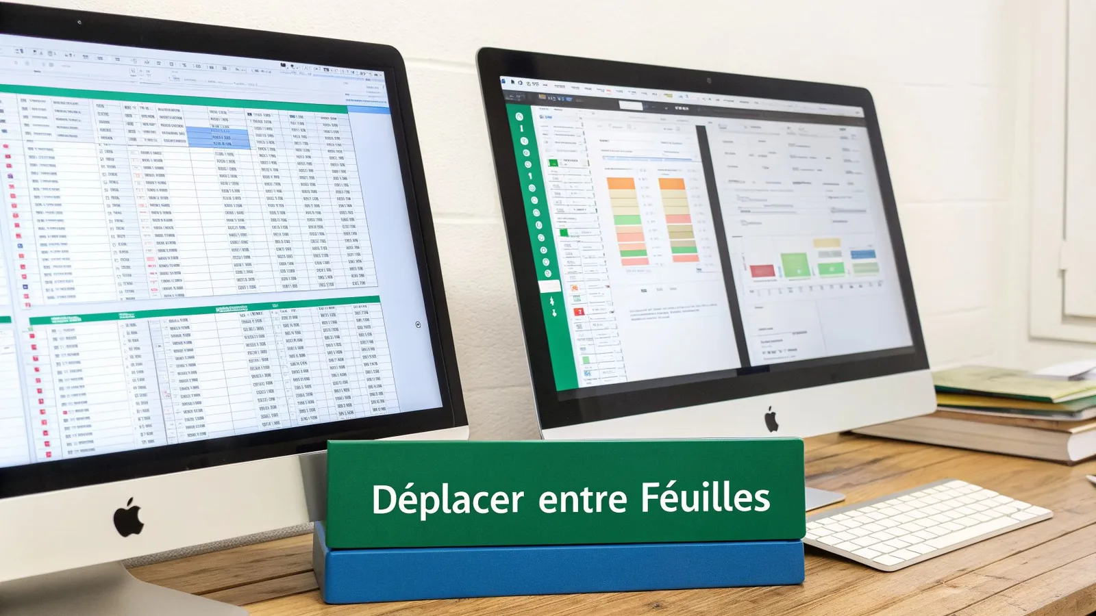 Deux iMac affichant des feuilles de calcul et des graphiques sur un bureau en bois. Un bloc-notes indique « Déplacer entre Feuilles ».