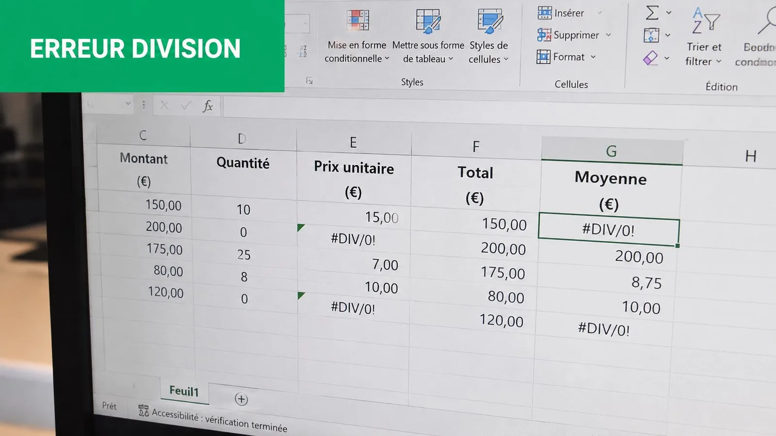 Capture d'écran Excel montrant des cellules contenant des erreurs de division #DIV/0! suite à des calculs mathématiques.
