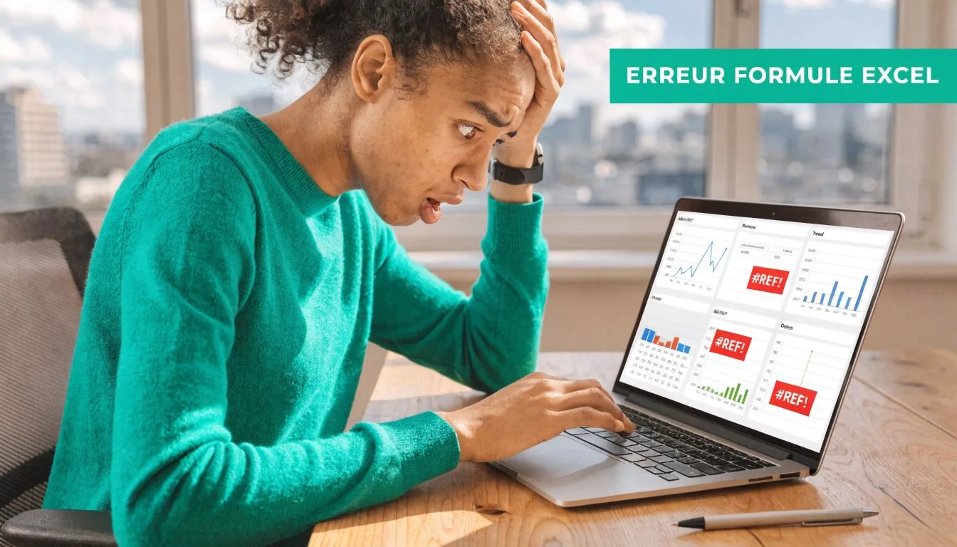 Une personne stressée devant son ordinateur affichant plusieurs erreurs de formule Excel sur son écran.