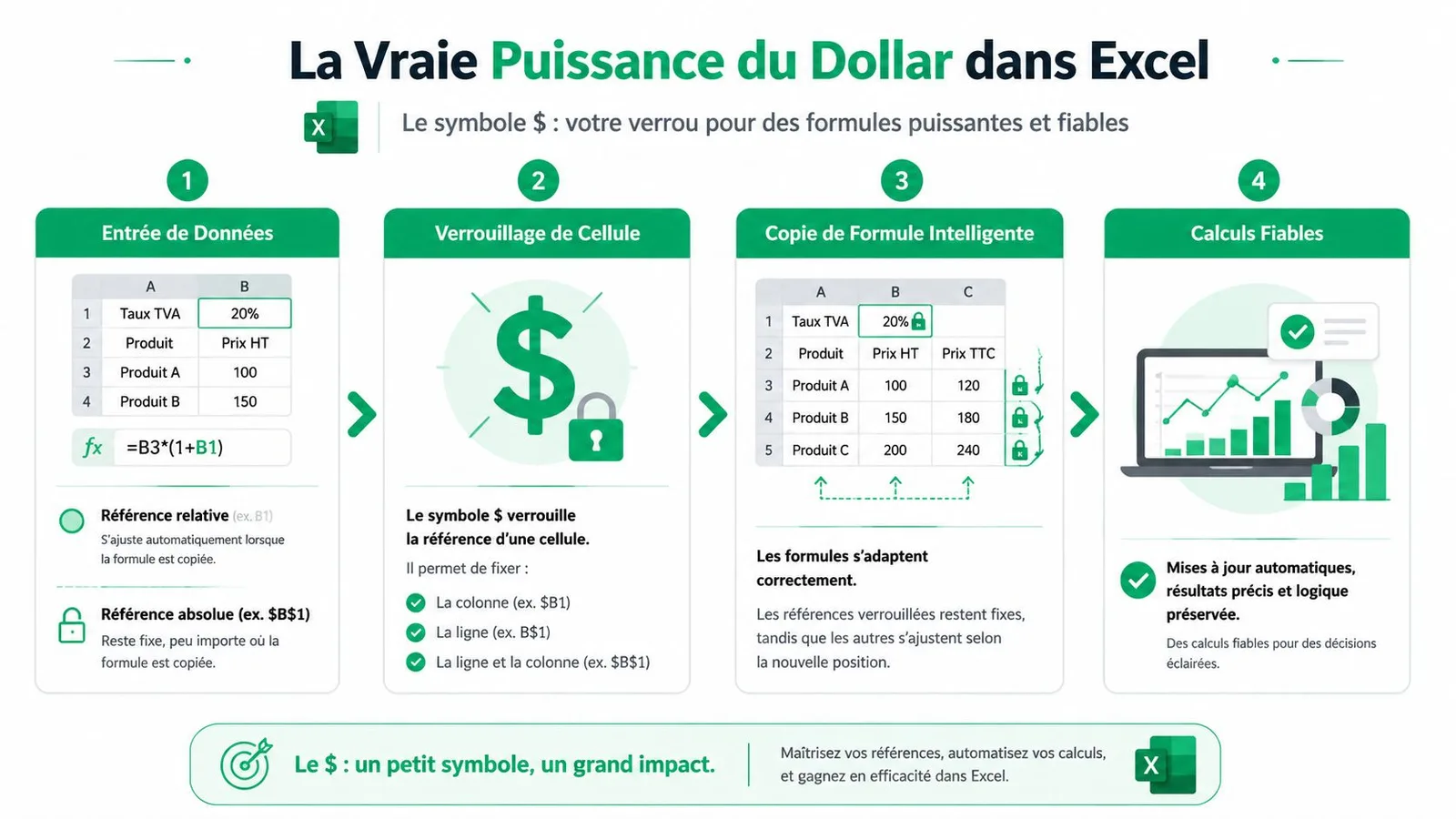 Infographie pédagogique expliquant l'utilisation du symbole dollar pour verrouiller des références de cellules dans Microsoft Excel.