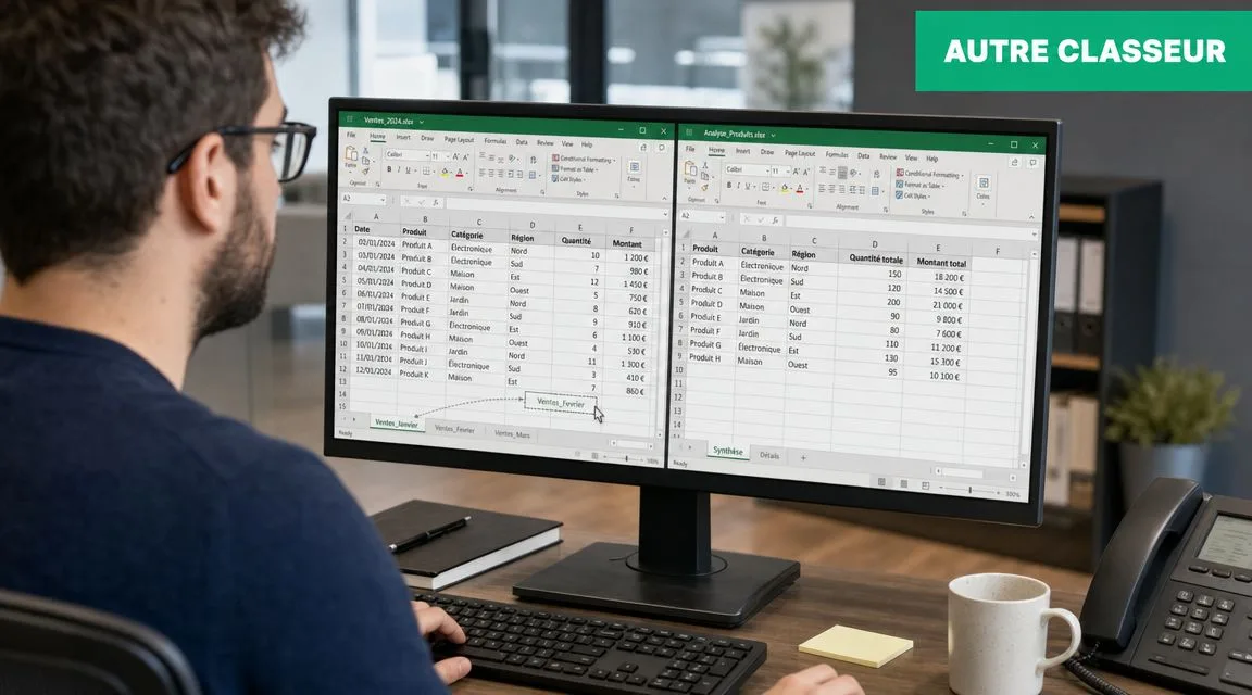 Un homme travaillant sur deux écrans d'ordinateur affichant des tableaux Excel avec des données de ventes.