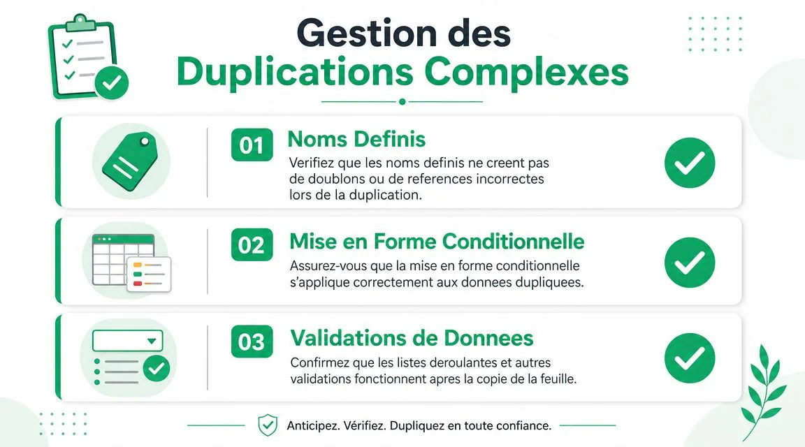 Une infographie sur la gestion des duplications complexes dans Excel avec trois conseils pratiques essentiels.