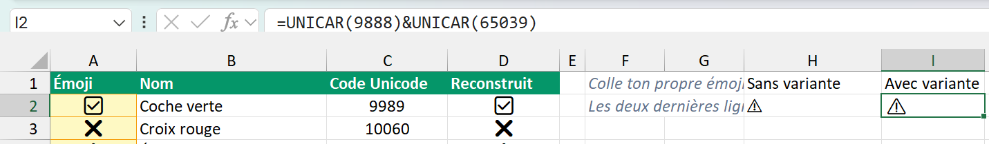 Deux cellules voisines de la feuille Codes portent le même panneau d’attention, celui de gauche écrit sans sélecteur de variante et dessiné plus petit, celui de droite sélectionné et construit par la formule à deux codes que montre la barre de formule, les deux triangles restant tracés en noir et blanc