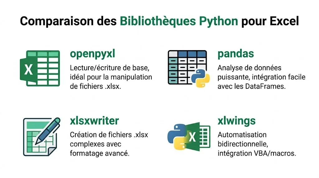 Comparaison visuelle des principales bibliothèques Python pour la manipulation de fichiers Excel et l'automatisation des données.